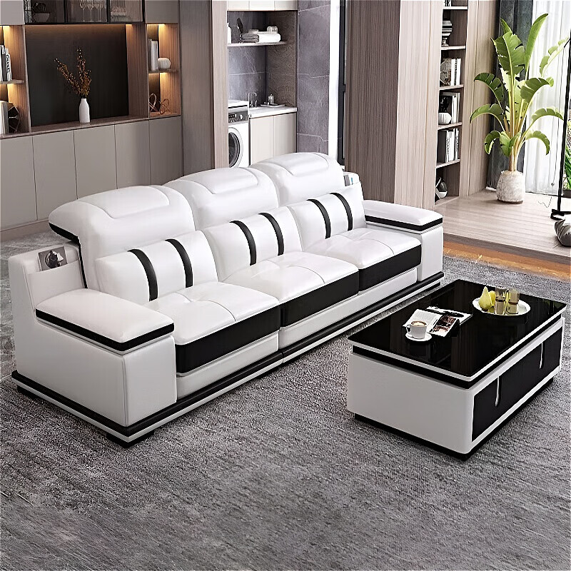 檀福匠2026新款沙发客厅轻奢头层牛皮现代简约整装大小户型皮艺沙发组合 单人+双人+贵妃+边几[中厚皮]4米 白色+黑边[沙发左贵妃方向]