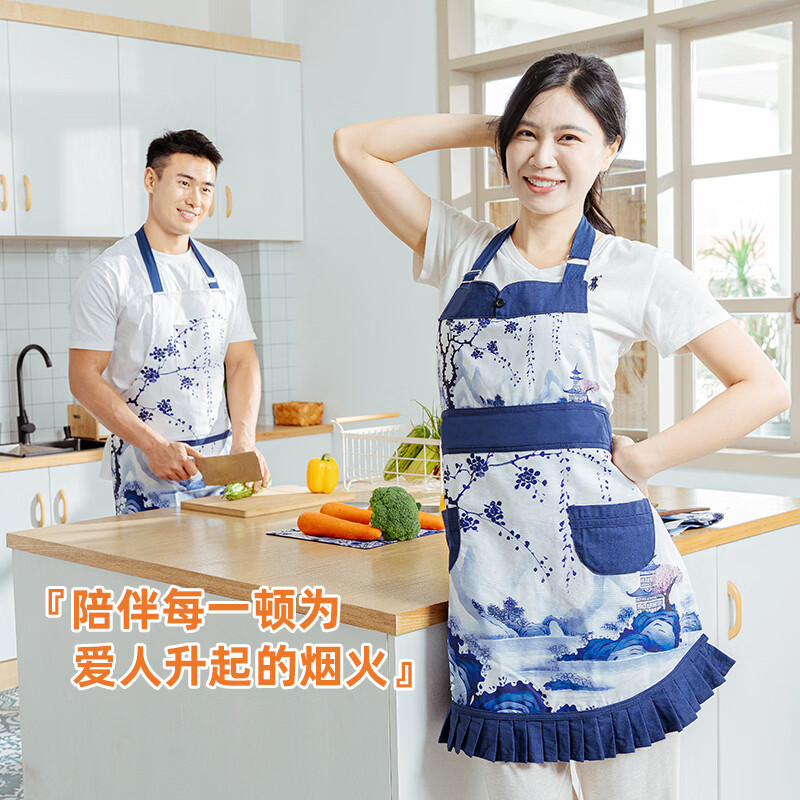 尚悦靓高档围裙纯棉耐磨山水画挂脖围裙防污防油餐厅前台工作服围腰围裙 纯棉山水画风围裙【百褶款】