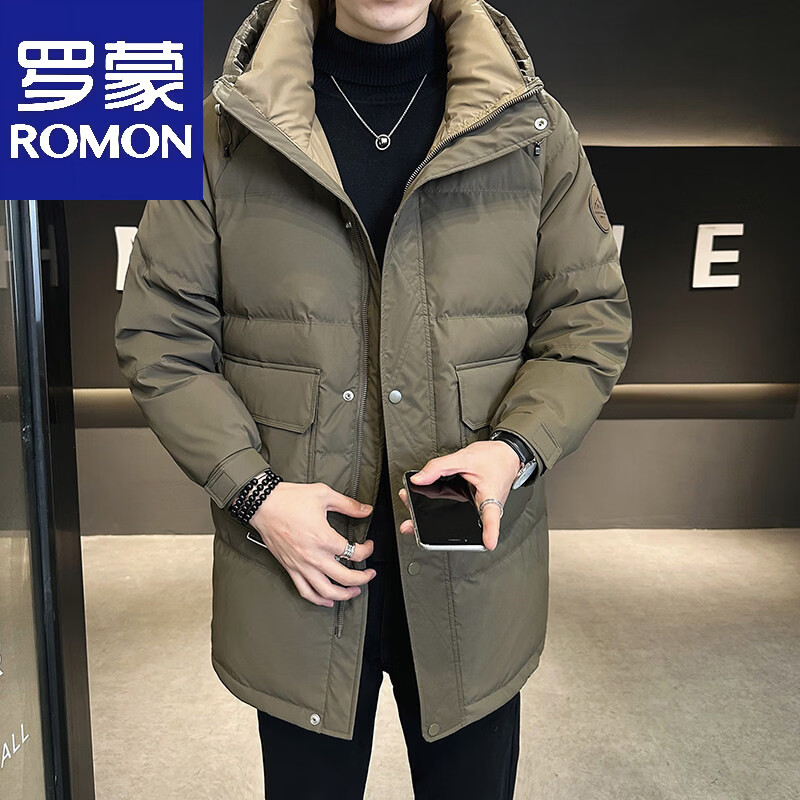 罗蒙中长款男士羽绒服冬季2025新款潮牌连帽加厚冬天防寒衣服男款外套 咖绿色 M -125斤