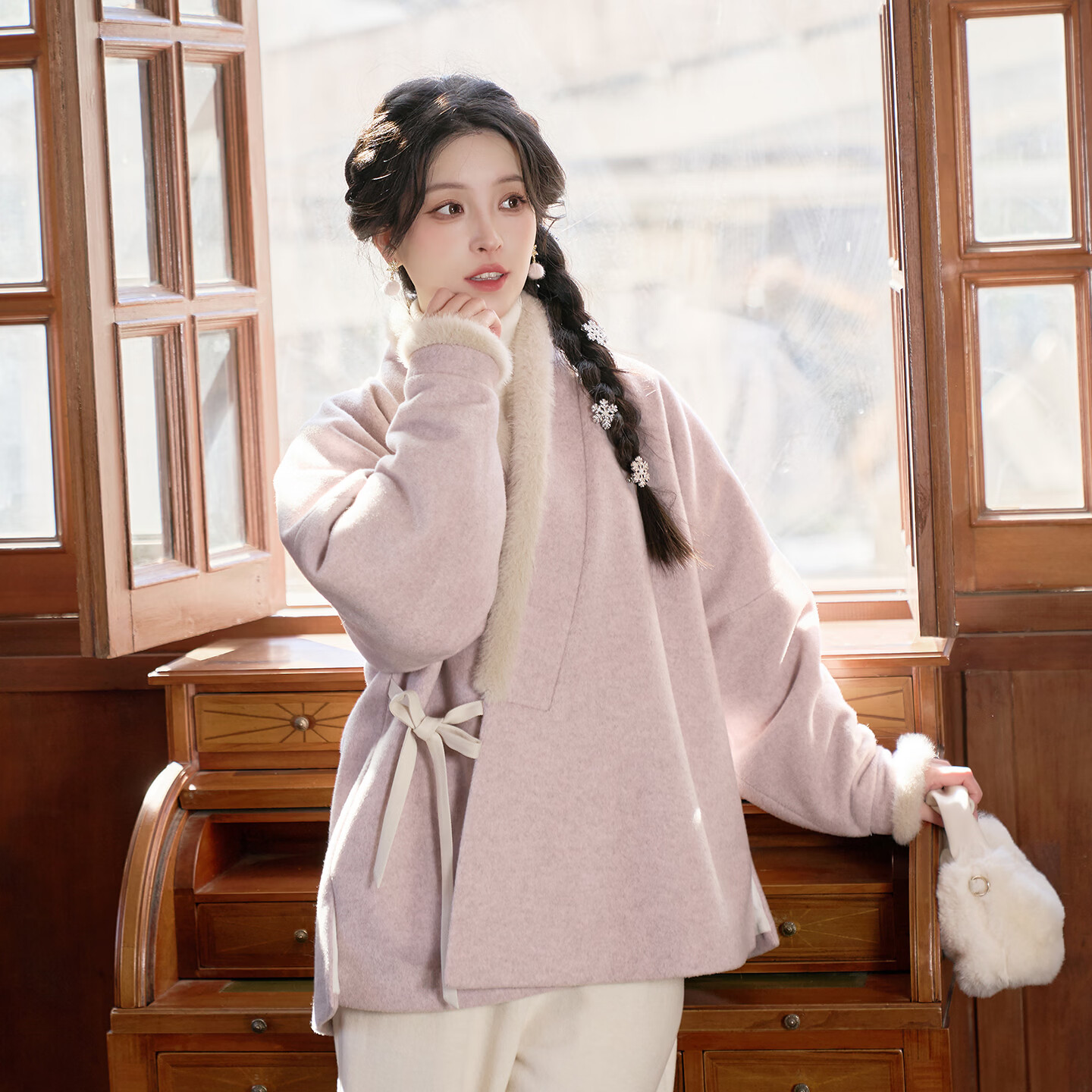 清水溪汉初素瓷听暖 清水溪汉初明制对交穿羊毛加绒加厚银狐绒汉服中国风冬 藕紫色上衣 准现货 M