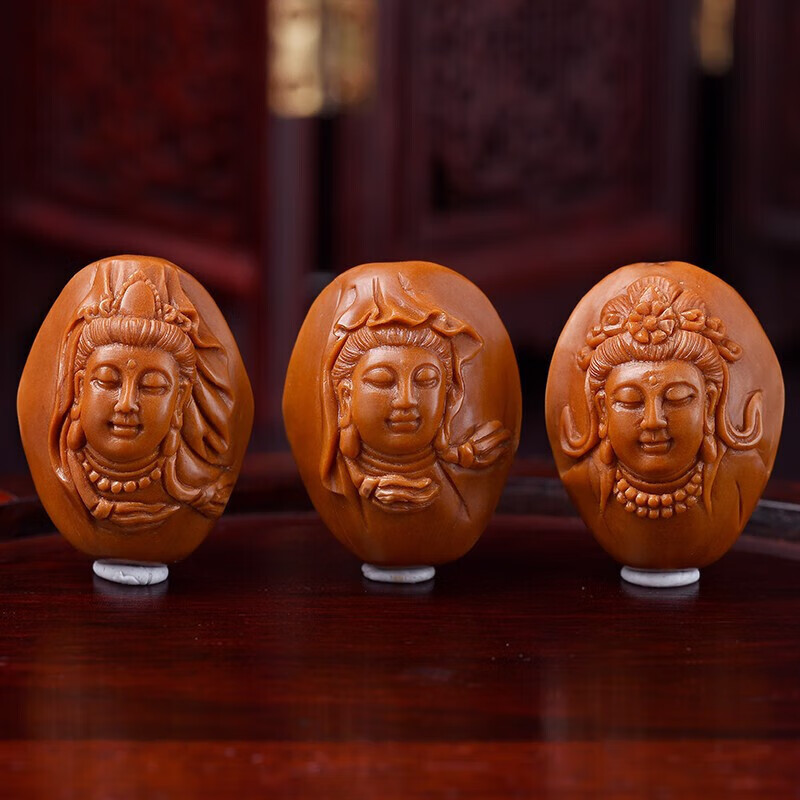 珍百福橄榄核手串 浮雕观音佛珠2.0大籽文玩手串男橄榄核雕老油核曹乐刻 1.9*2.4cm