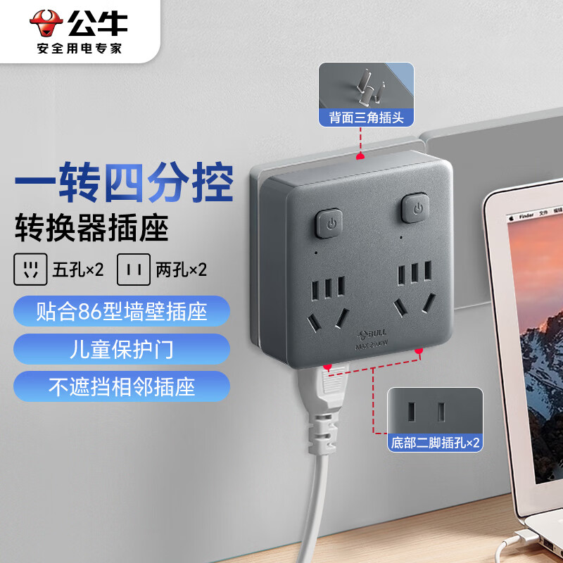 公牛（BULL）插座扩展器一转多/一转四插座/转换插头/转换器/插排/插线板 适用卧室厨房  4位分控 GN-93223 灰