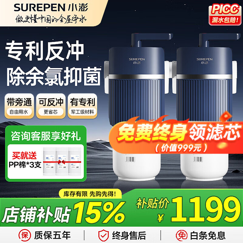 小澎【终身送滤芯】大白瓶前置过滤器8吨大流量旁通反冲洗前置过滤器家用自来水龙头全屋中央净水机 大白瓶10寸PPF+PCT【抑制细菌】 京东折扣/优惠券