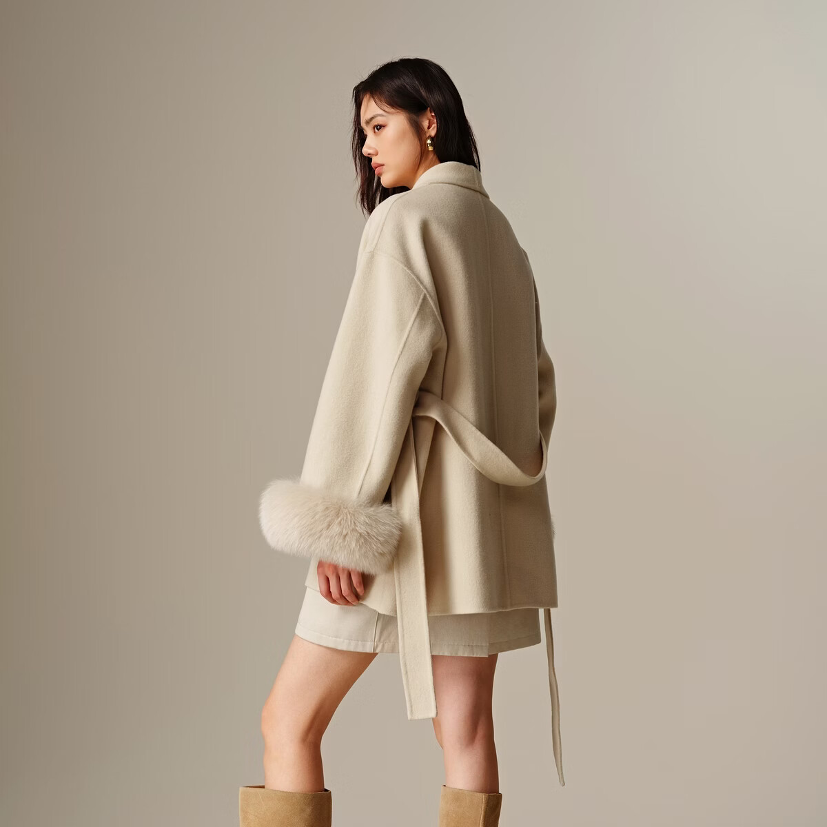 太平鸟大师甄绒甄毛系列新中式优雅双面呢大衣冬季毛呢外套合集 大衣米色 常规 M