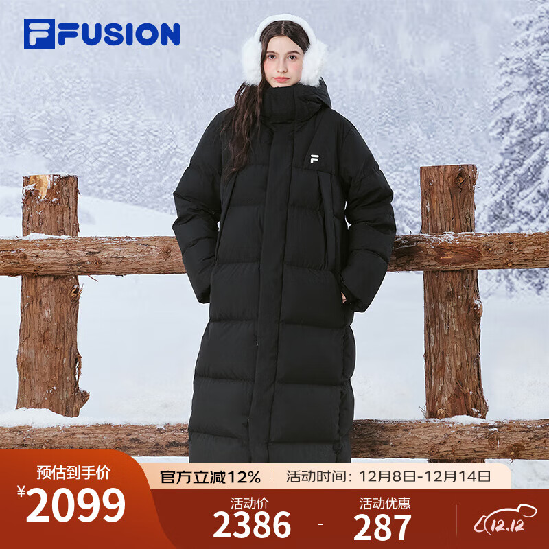 FILA FUSION斐乐潮牌90鹅绒情侣长款羽绒服2025冬季新款保暖连帽外套 正黑色-BK M