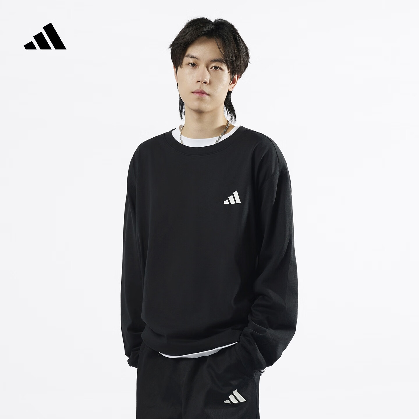 adidas三条纹休闲简约宽松长袖T恤男女秋季阿迪达斯轻运动   黑色   XXS