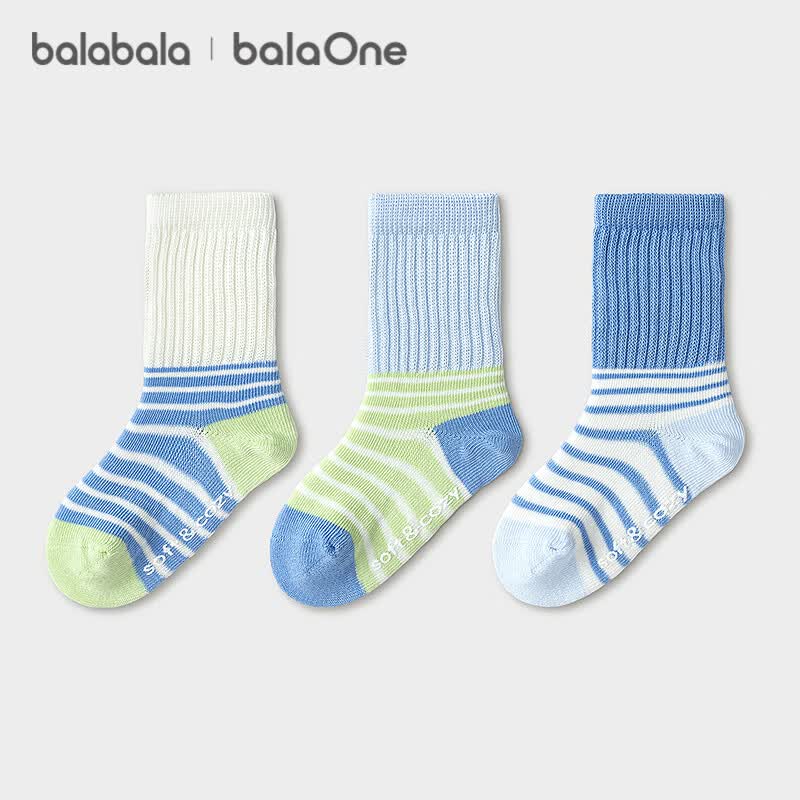 巴拉巴拉【balaOne】儿童袜子春秋男女童棉袜条纹中筒袜萌三双装