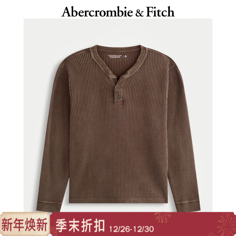 Abercrombie &amp; Fitch男装25秋冬美式经典百搭棉质华夫格亨利领针织长袖T恤124-5646 棕色 S (175/92A)