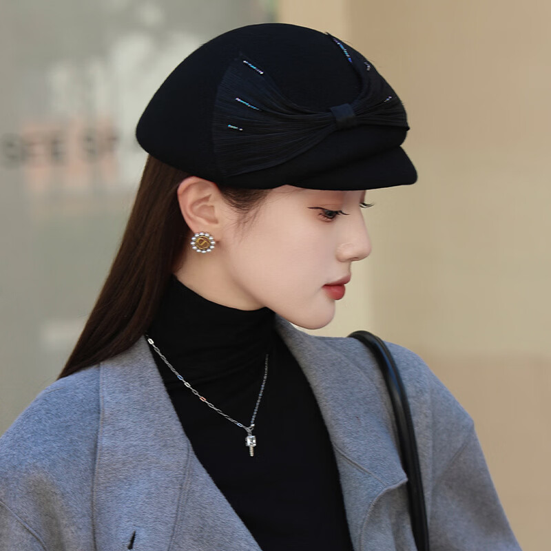 藍(lán)詩夢戴（lanshimengdai）復(fù)古真絲麻大蝴蝶結(jié)貝雷帽子秋冬澳洲羊毛氈帽法式名媛鴨舌帽批發(fā) 黑色 成人均碼（可調(diào)節(jié)56-58cm