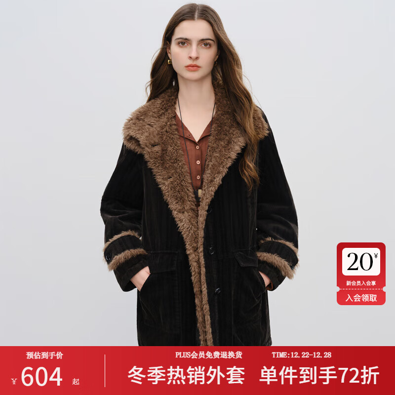 范思蓝恩ECHO轻奢系列复古设计感撞色拼毛灯芯绒短外套2025冬新款 水洗黑 XS