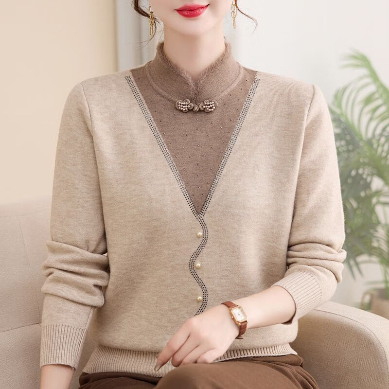 妈妈秋冬国风假两件毛衣一体绒针织打底衫新款女装加绒加厚上衣 【25125】安哥拉红 加绒 XL 建议90-110斤