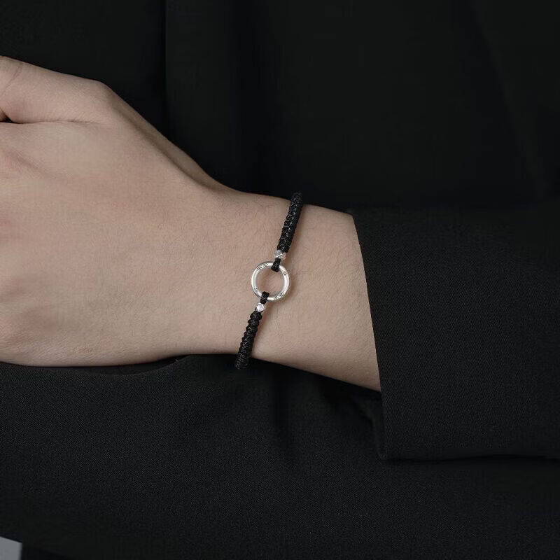 CHD纯银平安扣手链男女 999足银实心情侣编织手绳一对碎银子银饰男士 岁岁平安扣-男女同款(红绳)