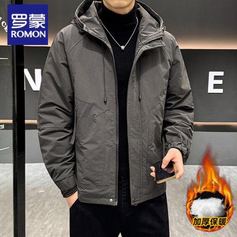 罗蒙设计感高级冲锋衣外套男士2025秋冬季加绒加厚连帽棉服防寒棉袄潮 灰色 M