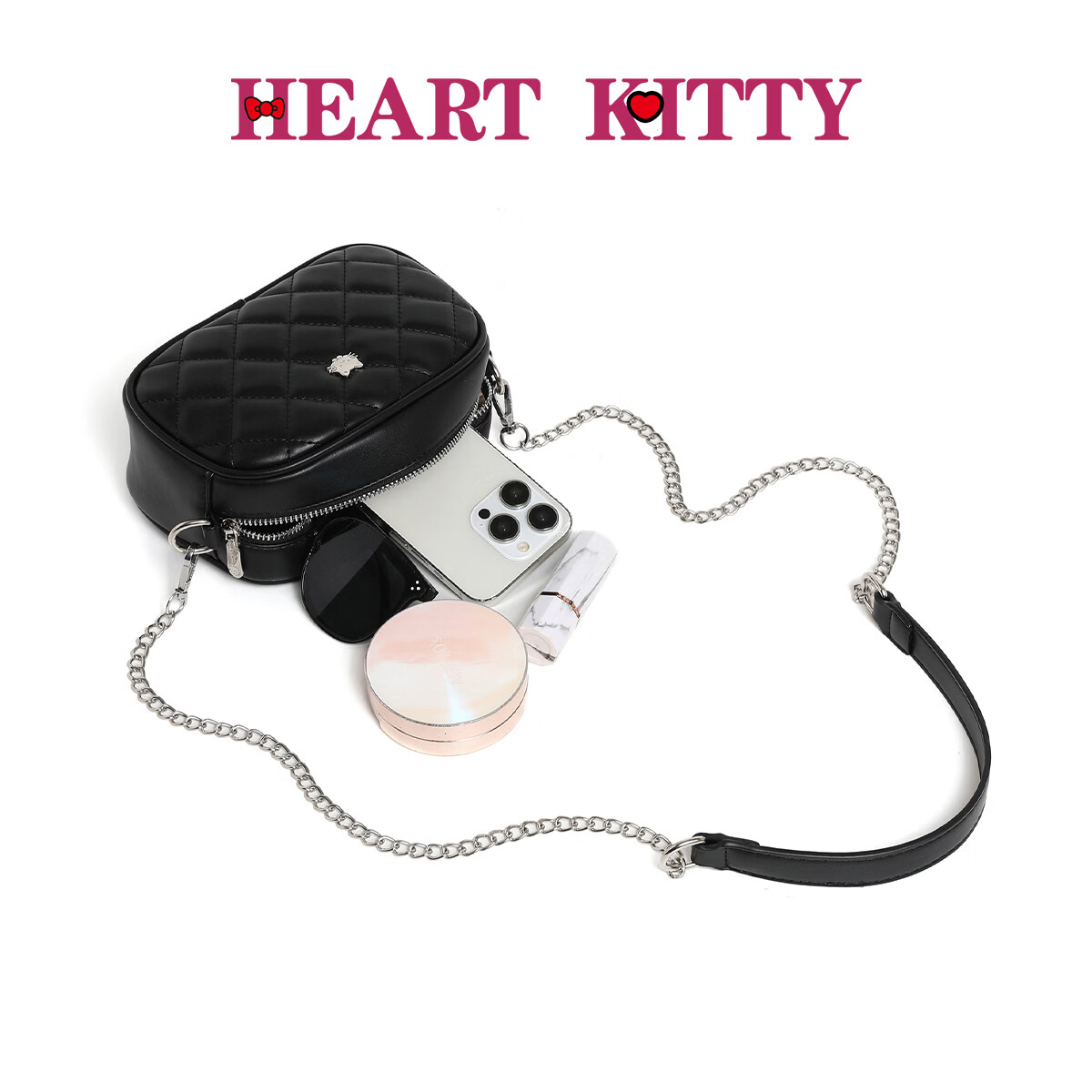 HEART KITTY包包女包新款潮时尚流行百搭菱格斜挎包女士链条单肩包生日礼物包 6690黑色