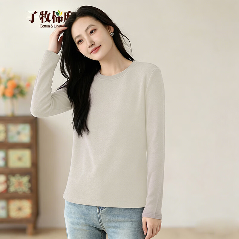 子牧棉麻秋冬装 女韩版双面磨毛德绒圆领长袖打底衫加厚保暖上衣8699 卡其色圆领德绒款 加厚 M (建议95-110斤)