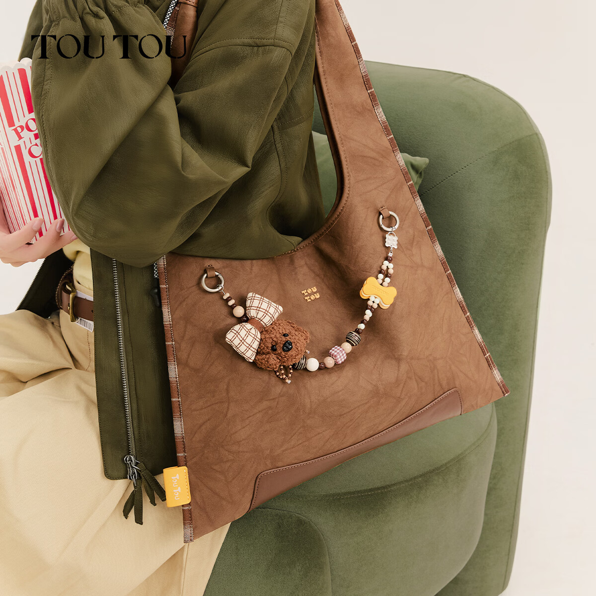 toutou小众设计小狗托特包带手机链单肩包包女包生日节日送礼 巧克力棕
