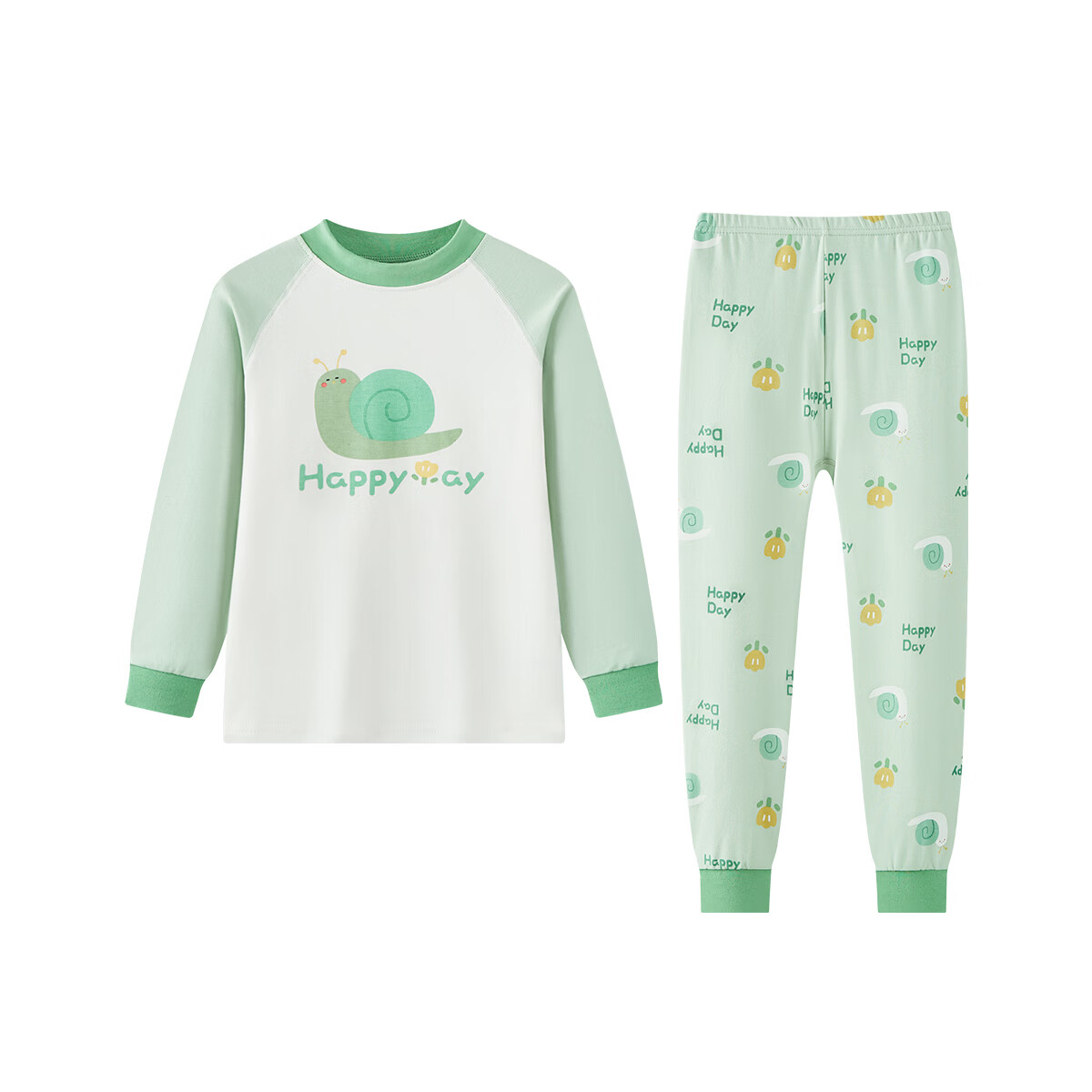 笛莎（DEESHA）【纯棉抑菌 40S紧密纺】儿童保暖内衣中大童女童秋衣秋裤套装 浅绿开心蜗牛（半高领） 150