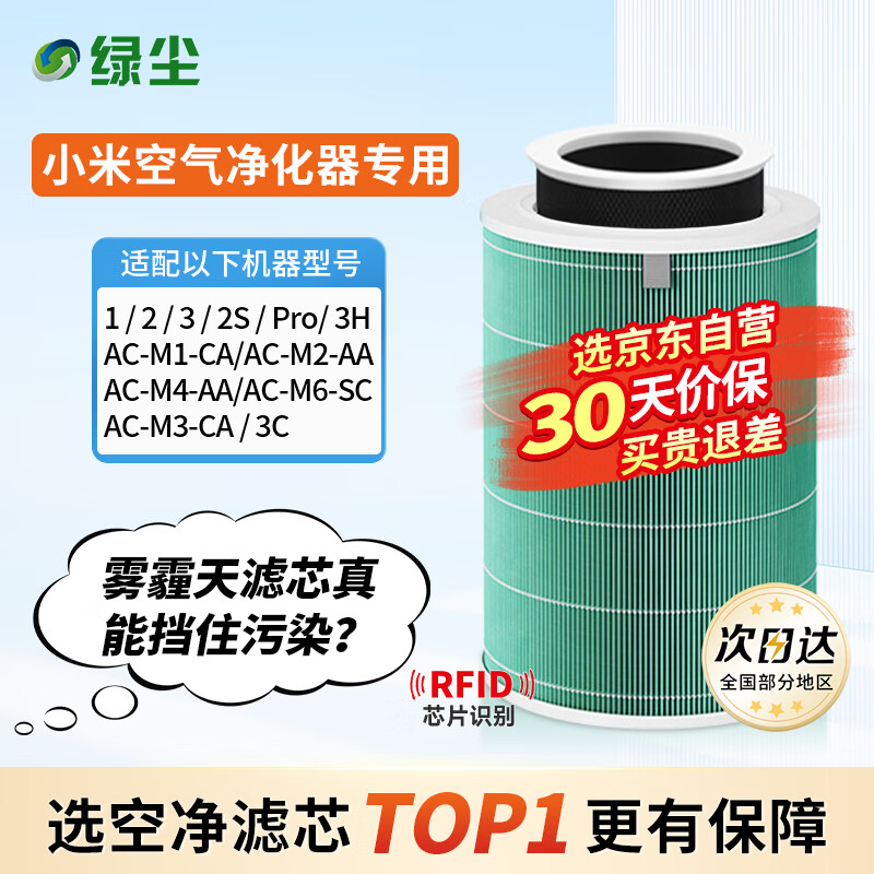 绿尘 适配小米米家（MI）空气净化器滤芯1代2代3代/2S/pro净化器滤网除甲醛除颗粒物除PM2.5除异味 M1