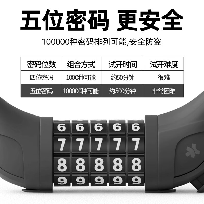 迅霆自行车锁密码锁五位防盗电动单车山地公路车便携剪不断钢缆锁配件 【5位密码锁】125cm 带锁架 (无需钥匙)