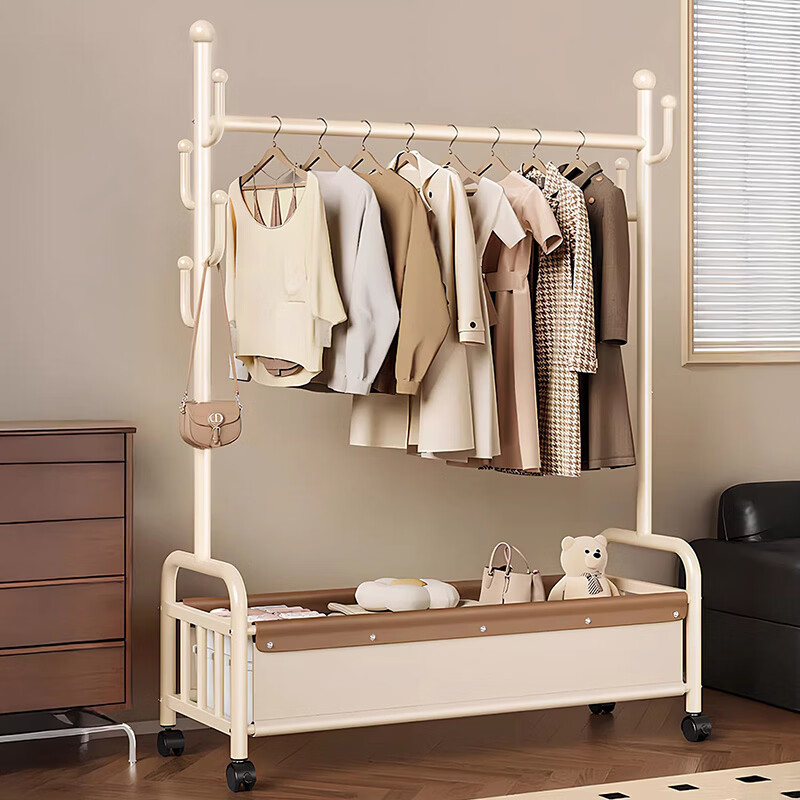 吱凡日本衣架卧室落地家用衣服挂衣架2025新款晾衣架不占空间加粗加厚 【奶油白】长60cm*高167cm【送高端纳帕皮革+万向轮】