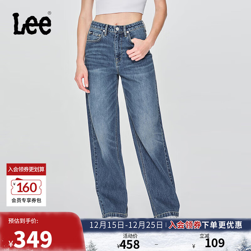 Lee25秋冬新品428懒懒裤舒适高腰直脚五袋款复古中蓝色女牛仔裤