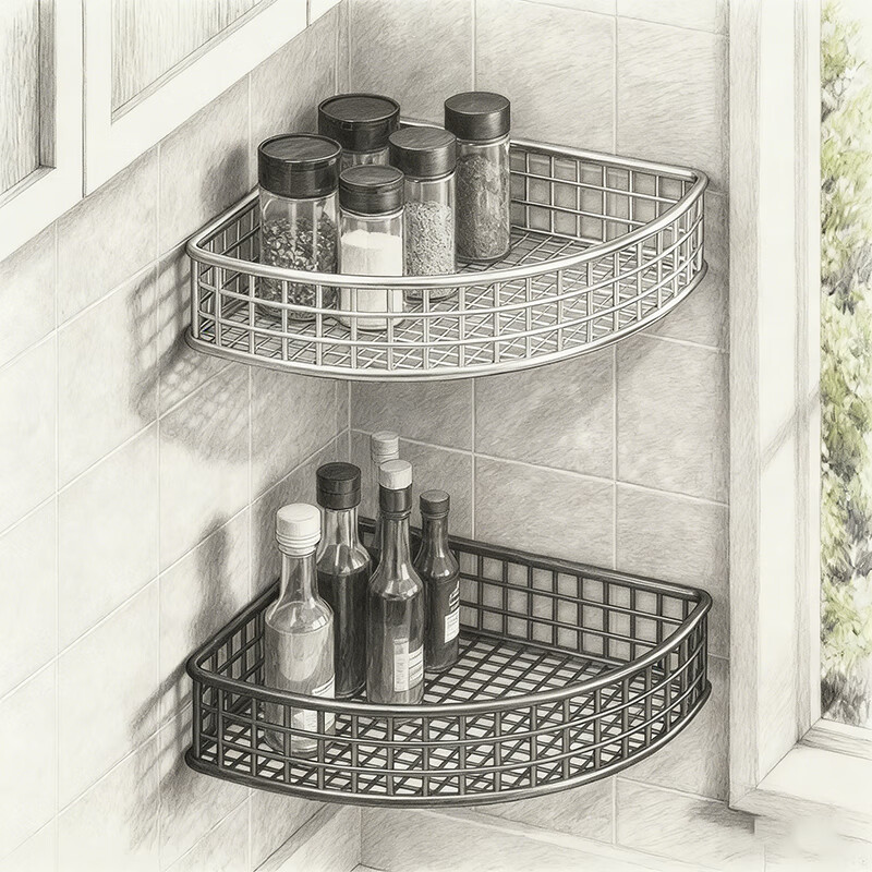 尔思家厨房转角置物架墙上壁挂式拐角挂篮多功能调味料架免打孔三角架子 大号-银色