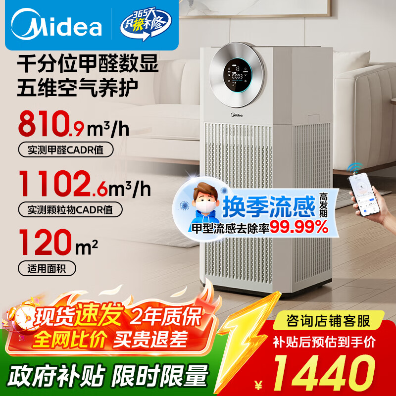 美的（Midea）【超大净化量】甲醛数显空气净化器鼻炎家用除烟味异味过敏原宠物吸猫毛净化机T1000 Lite国家补贴
