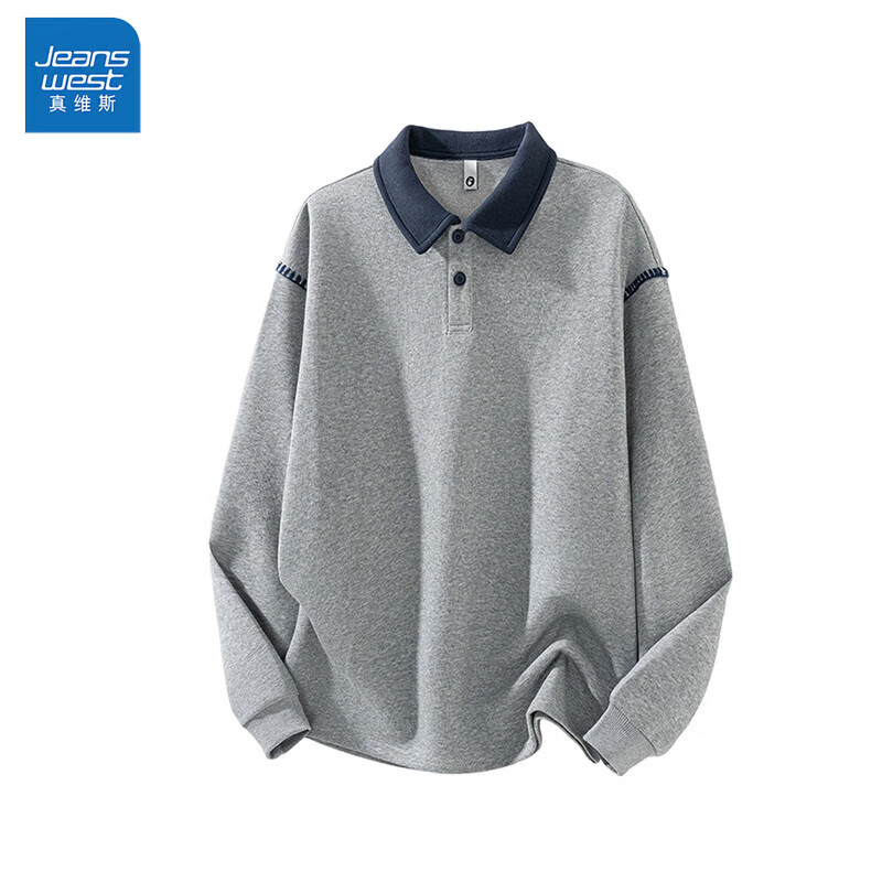 真维斯（Jeanswest）秋冬加绒POLO衫长袖男士2026新款重磅上衣男款宽松翻领卫衣 花灰 M
