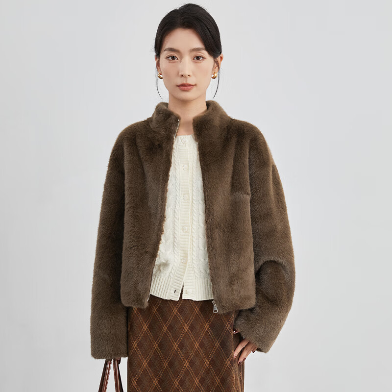 曼·贝2025冬季新款潮流仿皮草女简约保暖百搭宽松软糯高级感外套 摩卡棕 S