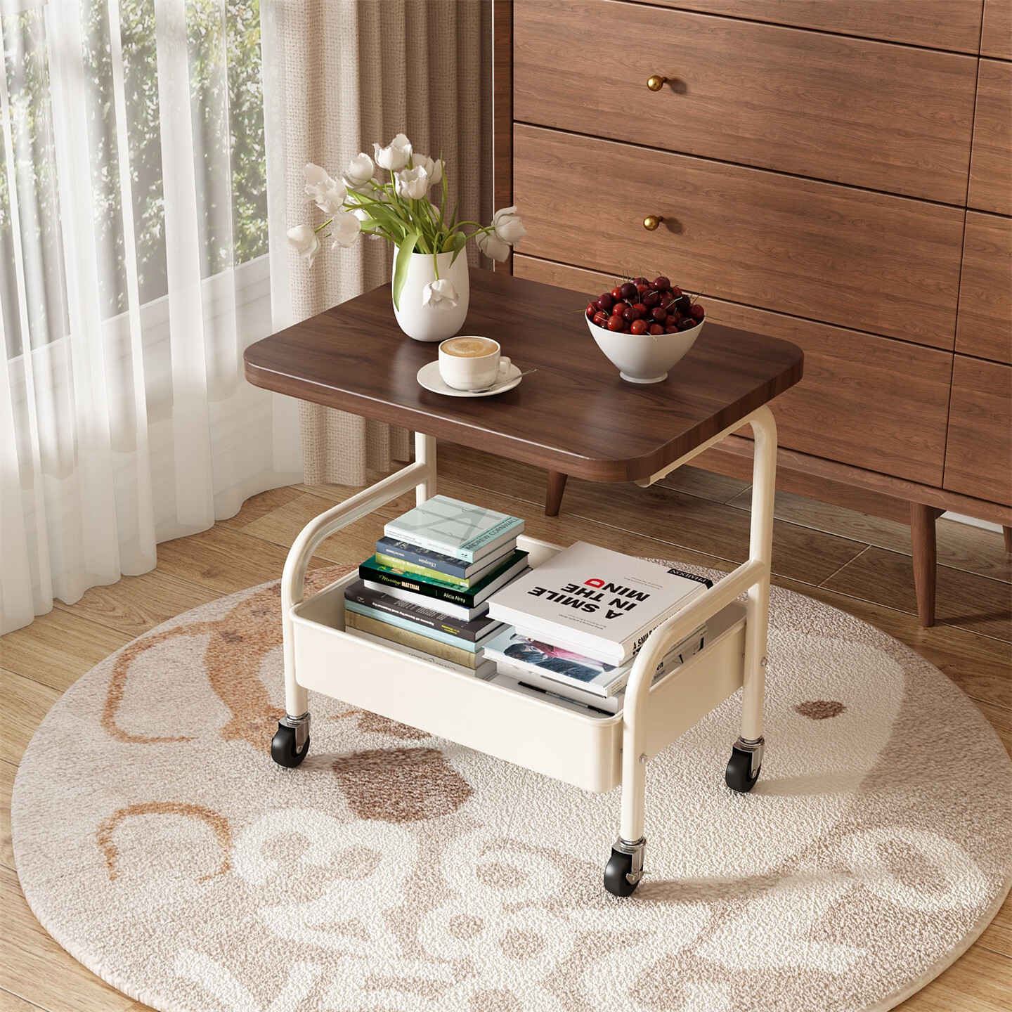 木樽中古风推车置物架可移动沙发边几收纳柜架子床边桌子零食落地床头 双层+密度板 奶油白 京东折扣/优惠券