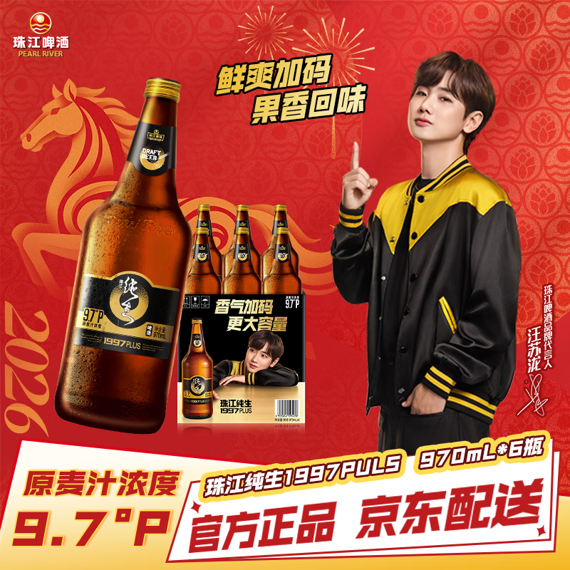 珠江啤酒（PEARL RIVER）9.7度 珠江纯生啤酒(1997)970mL*6瓶 整箱装 京东自营