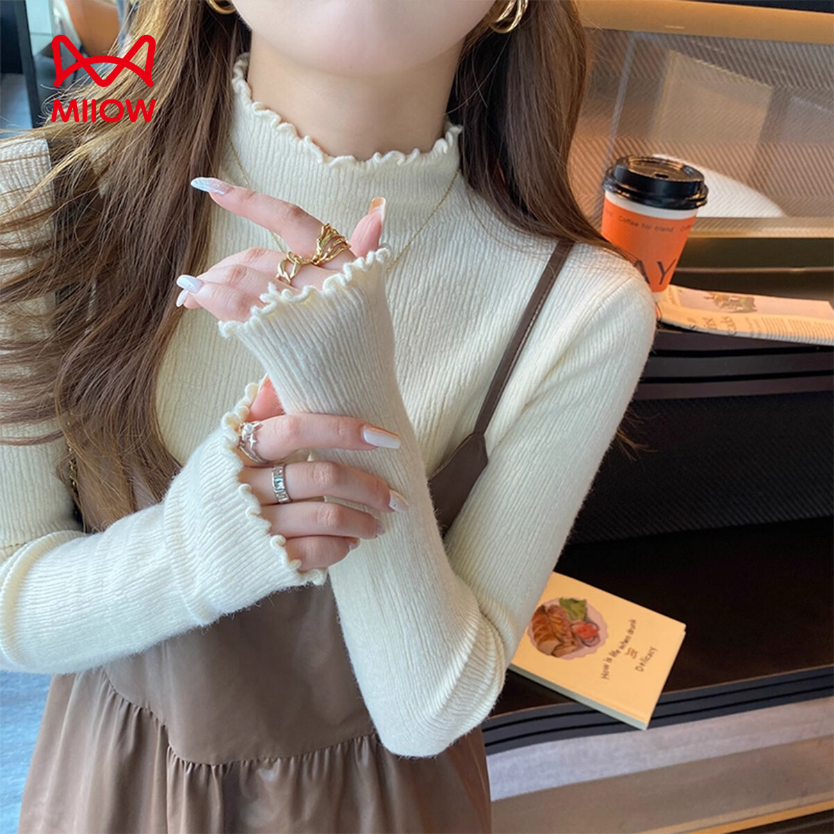 猫人木耳边打底衫女内搭秋冬新款加绒半高领白色毛衣高级感针织衫上衣