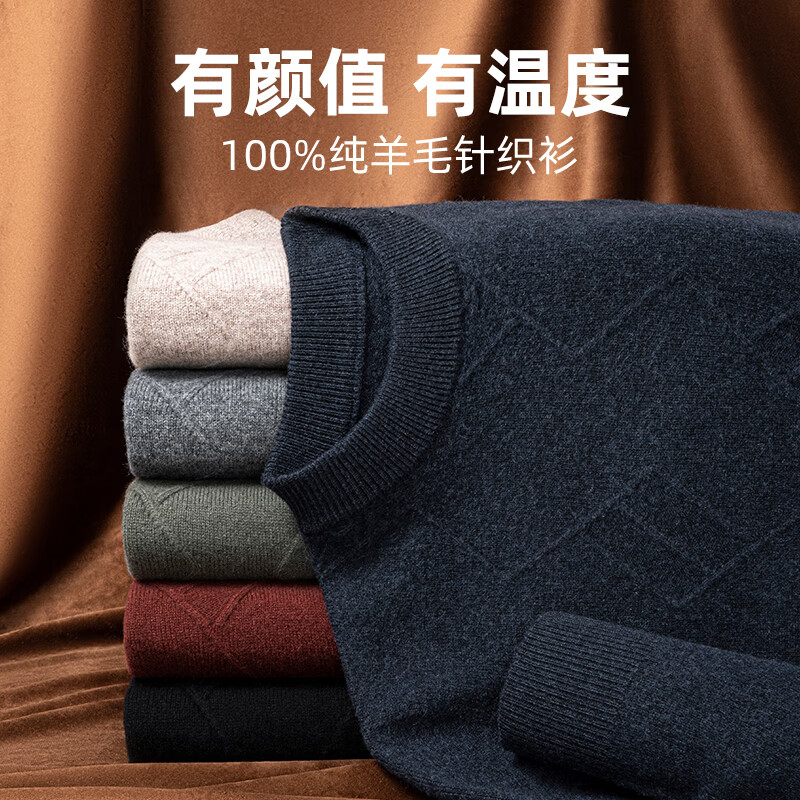 SHANSHAN杉杉纯羊毛衫男秋冬100%绵羊毛加厚柔软保暖毛衣休闲圆领高档上衣 黑色 L /175