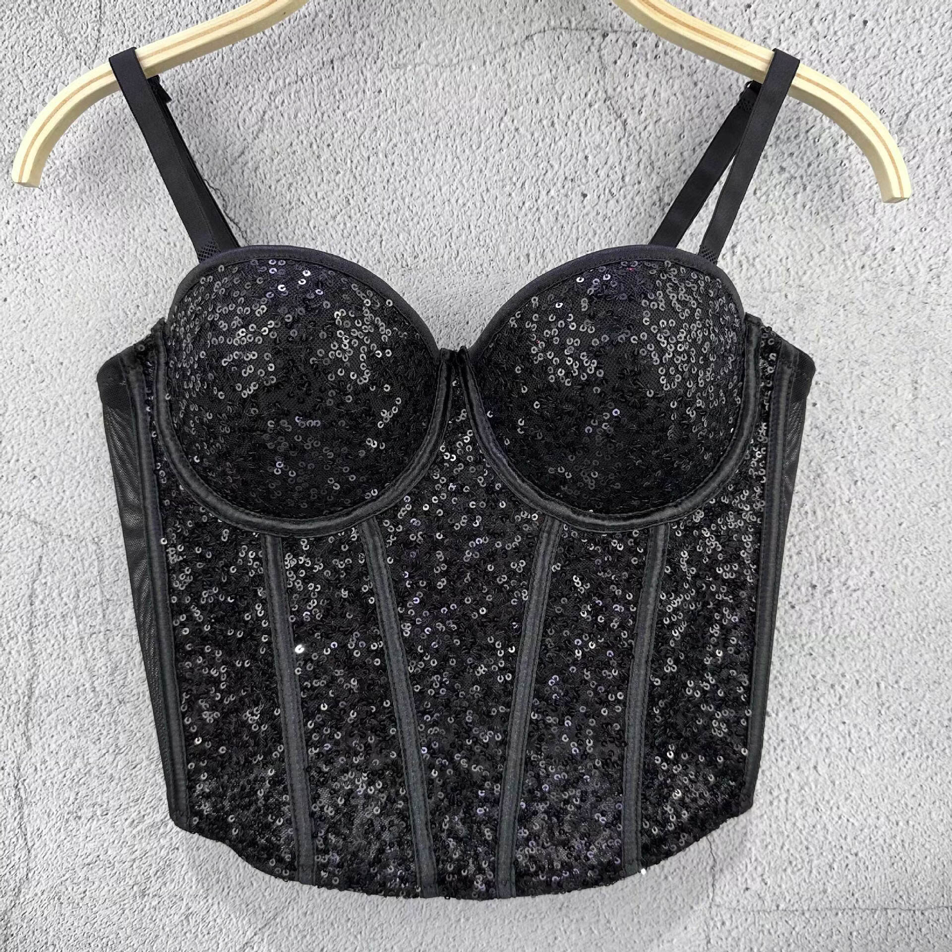 45纯欲风鱼骨亮片抹胸上衣蹦迪短款性感修身钢圈吊带女收腰春夏 黑色