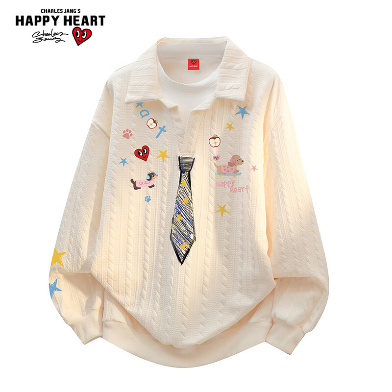 查尔斯桃心大码加绒涂鸦领带假两件衬衫领卫衣男女秋冬季 杏色    M   