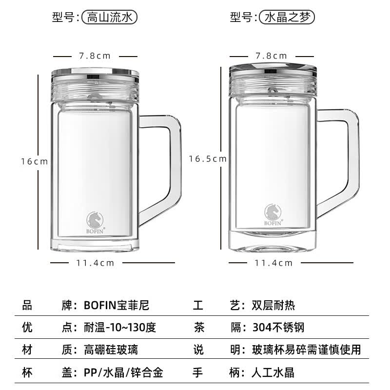 宝菲尼（BOFIN）手柄办公杯带把玻璃杯双层高档商务办公室领导泡茶杯透明便携水杯 方正轻盈【皮质礼盒】360ml