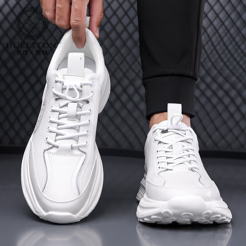 公爵斯顿 DUKESTON轻奢男鞋牛皮高品质小白鞋运动休闲鞋舒适套脚跑步鞋 白色 41 标准皮鞋尺码