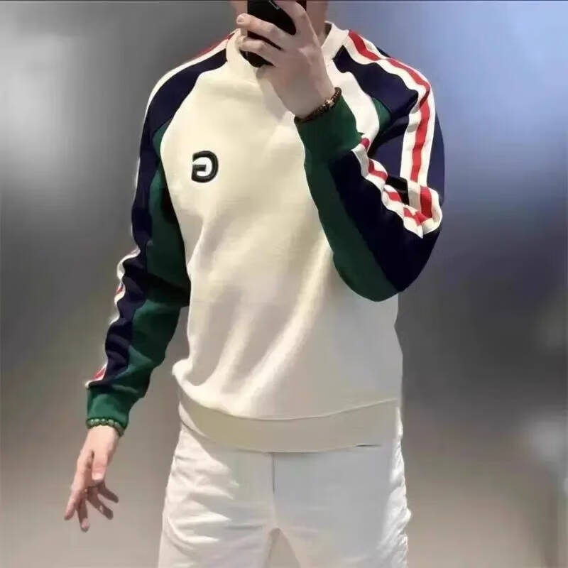 罗鸣老人【轻奢正品】秋冬新款男士加绒长袖欧货条纹撞色卫衣刺绣打底衫 白色（加绒加厚） 3XL （建议160-175斤）