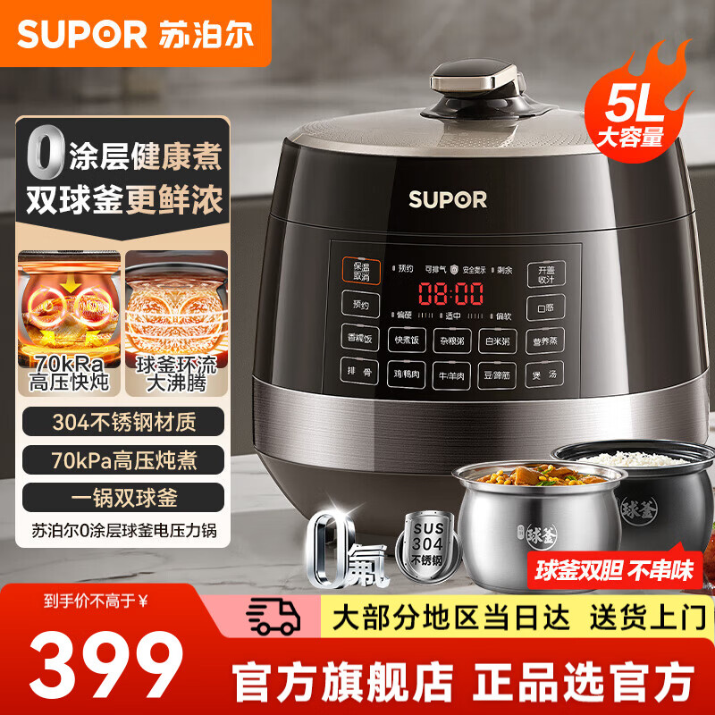 苏泊尔（SUPOR）0涂层精钢电压力锅 家用5升大容量不锈钢电饭煲电高压锅 2-6人用智能电饭锅 11大功能高压炖煮 0氟内胆【一锅配双球釜内胆】 5L