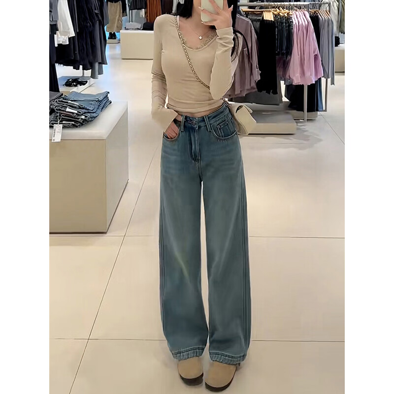 美思源白色直筒牛仔裤女士春季裤子新款2026新款杏色高腰拖地裤阔腿裤 怀旧浅蓝长裤单裤 2XL 【135-150斤】