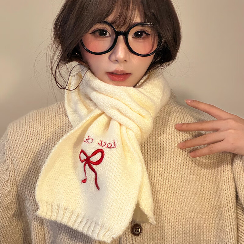 朋意蝴蝶结围巾女2026新款冬季日韩系氛围感百搭简约学生护颈围脖加厚 刺绣围巾-白底红色蝴蝶结-1条