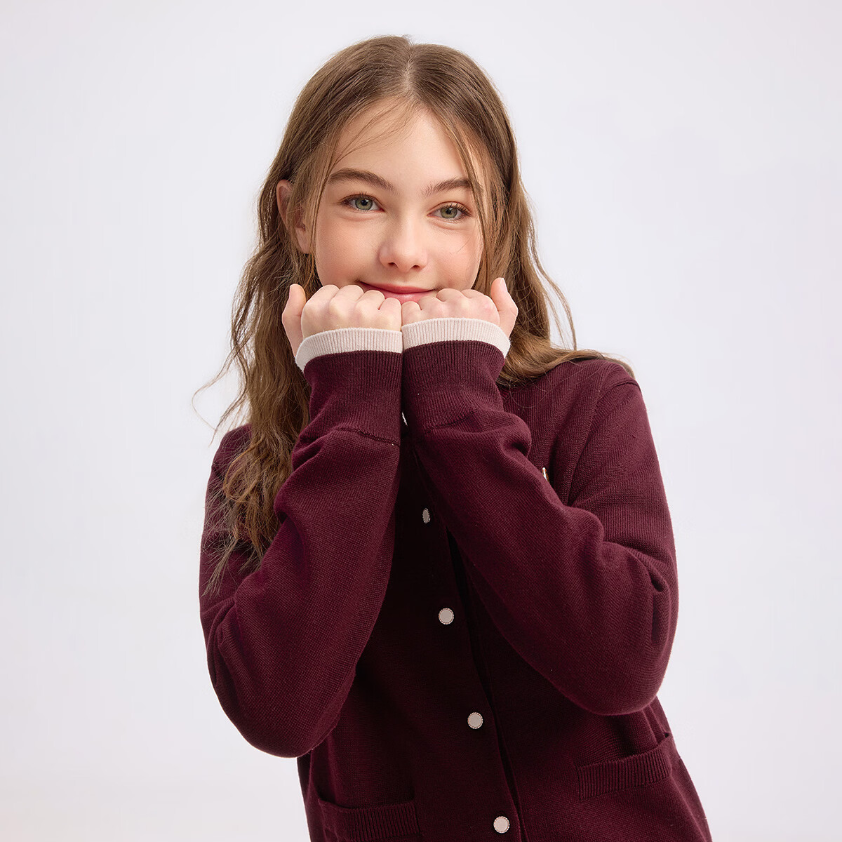 暇步士(Hush Puppies)【学院风】童装儿童女大童2025秋季新款简约舒适百搭假两件针织衫 波尔多红 170 cm