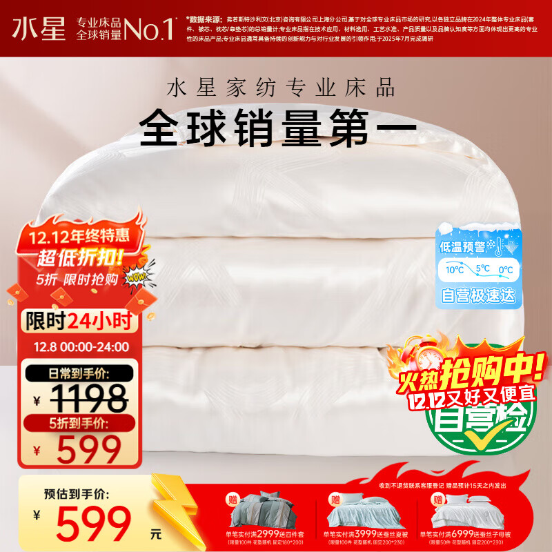 水星家纺蚕丝被100%蚕丝冬被子冬季加厚保暖被芯被褥约6.1斤200×230cm