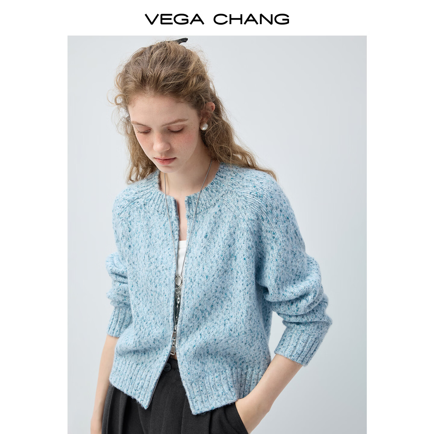 VEGA CHANG【青绒雾织】圆领浅蓝斑驳针织开衫女2026新款春季毛衣 浅水蓝 常规 S