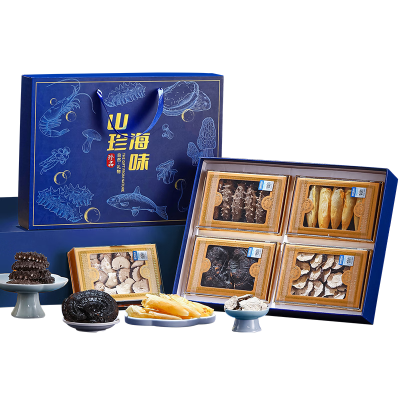 小甄菌鲜海参鱼胶玛咖灵芝礼盒169g山珍海味甄选四拼送长辈年货礼盒