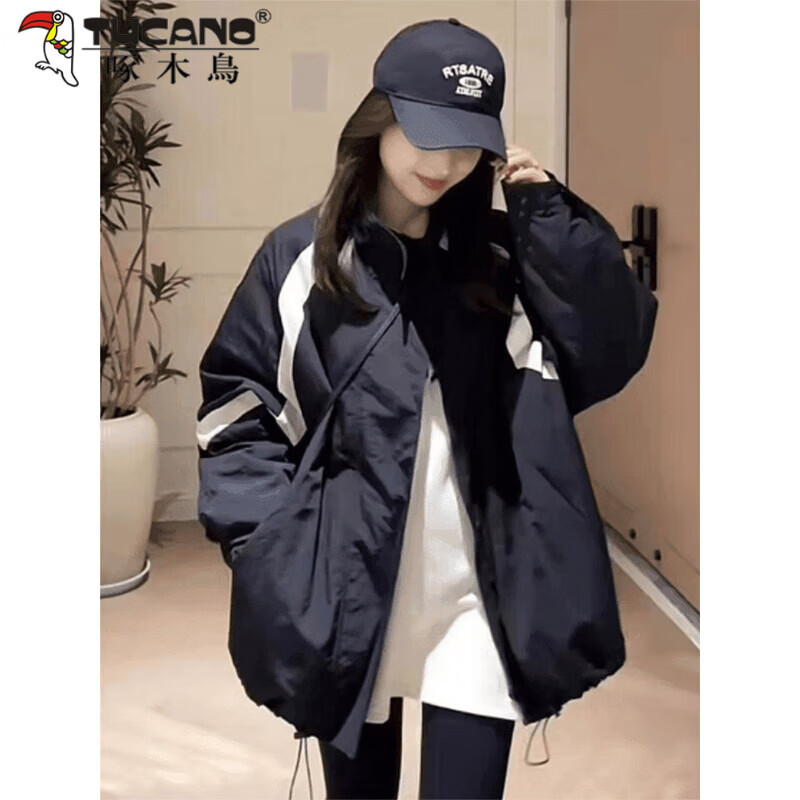 啄木鸟（TUCANO）大码女装外套女春秋2026黑色设计休闲冲锋衣短外套宽松棒球服 黑色 (春秋款) 3XL (建议145斤-160斤)