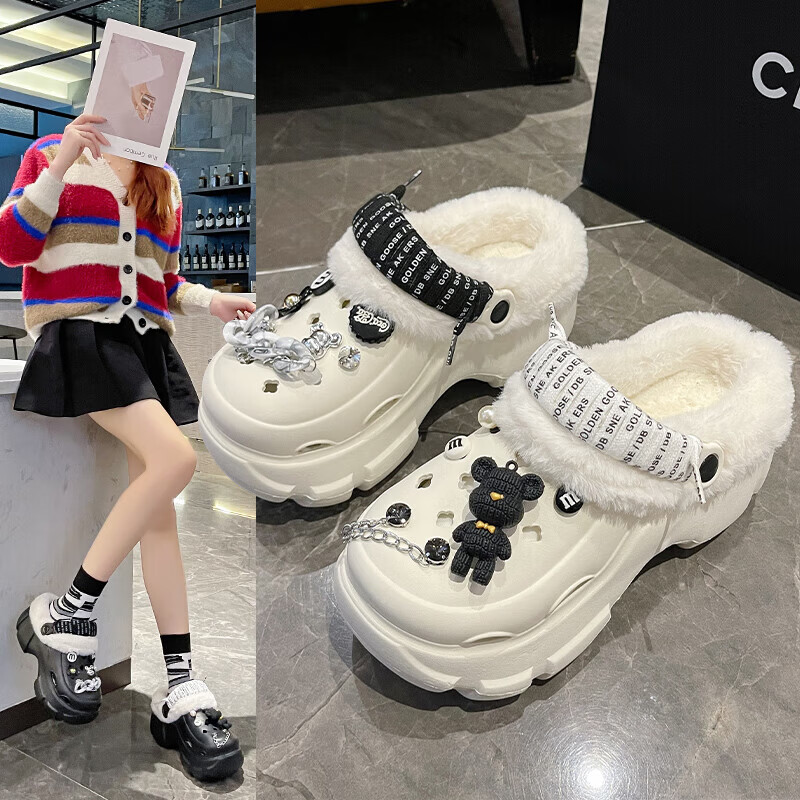 【精选】洞洞鞋女加绒外穿2024秋冬新款可拆卸厚底可爱包头保暖棉 白色【绑带】可拆卸棉套 34 -35