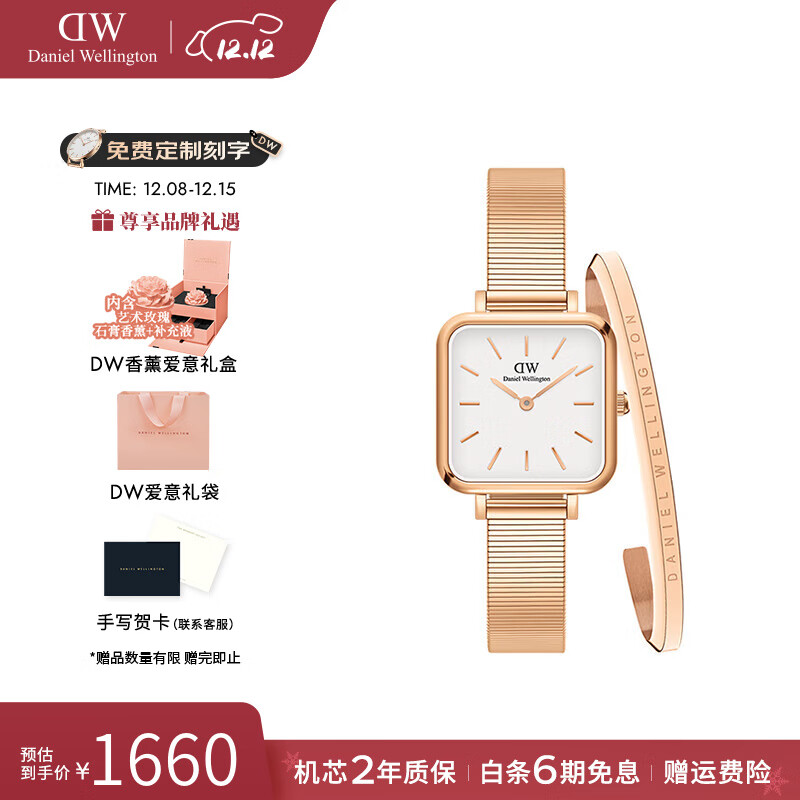 丹尼尔惠灵顿（DanielWellington）dw手表 女士手表摩登复古小方表石英欧美腕表 七夕礼物送女友 玫瑰金白盘