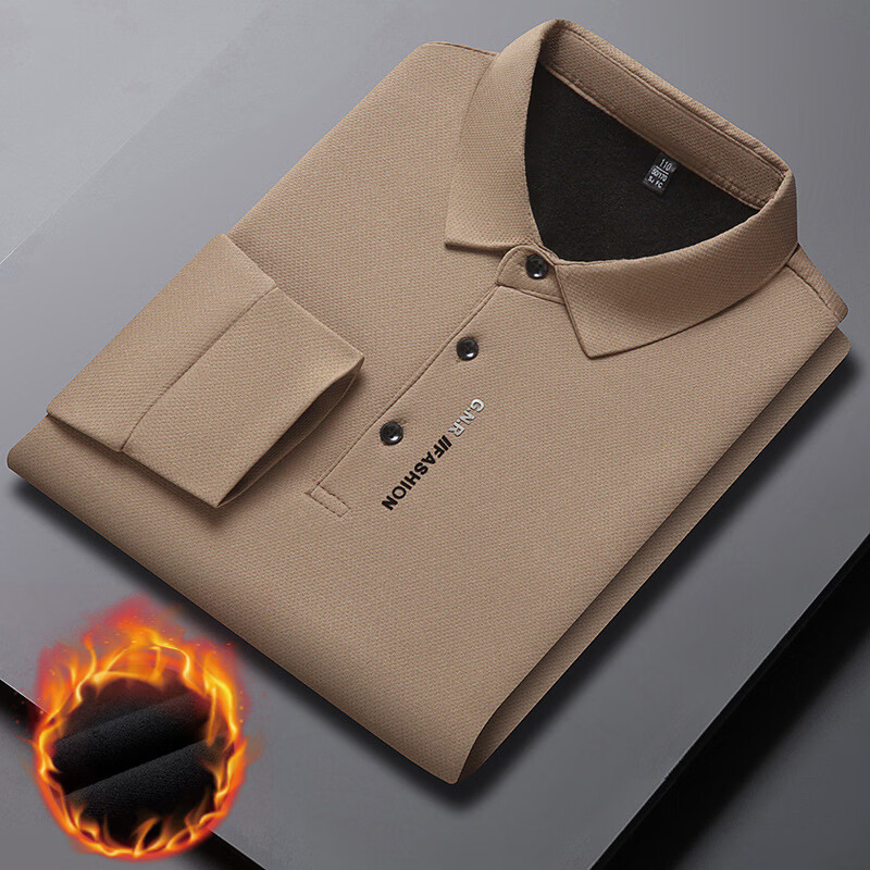 WAMLBN秋冬季男士长袖加绒中年翻领打底polo衫爸爸装 卡其 L 170/【建议115-130斤】