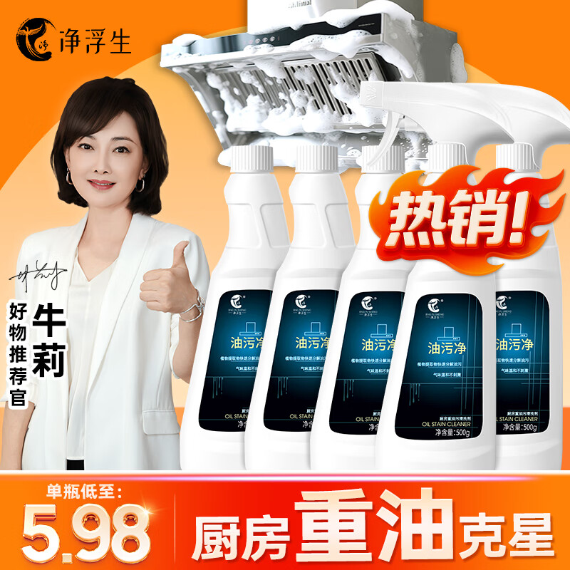 净浮生油污净5瓶装厨房抽油烟机清洁剂去重油强力清洗剂泡沫去油渍神器  油污清洁剂500ml*5瓶+2个喷头